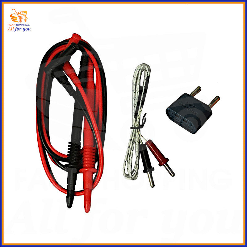 Accessori del multimetro digitale DT 5808: puntali di prova di colore rosso e nero, e una sonda per la temperatura con connettori.