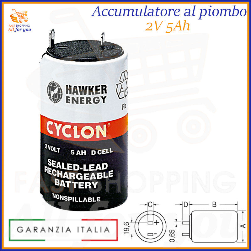 Accumulatore cilindrico al piombo sigillato Cyclon Enersys, 2V 5Ah, con terminali per saldatura.
