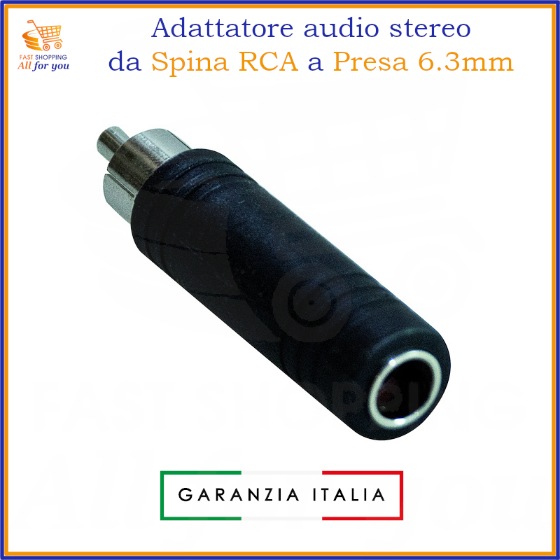 Adattatore audio con spina RCA maschio e presa jack 6.3mm stereo femmina.