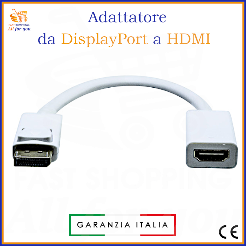 Adattatore da DisplayPort maschio a HDMI femmina di colore bianco, con connettore DisplayPort su un lato e connettore HDMI sull'altro.