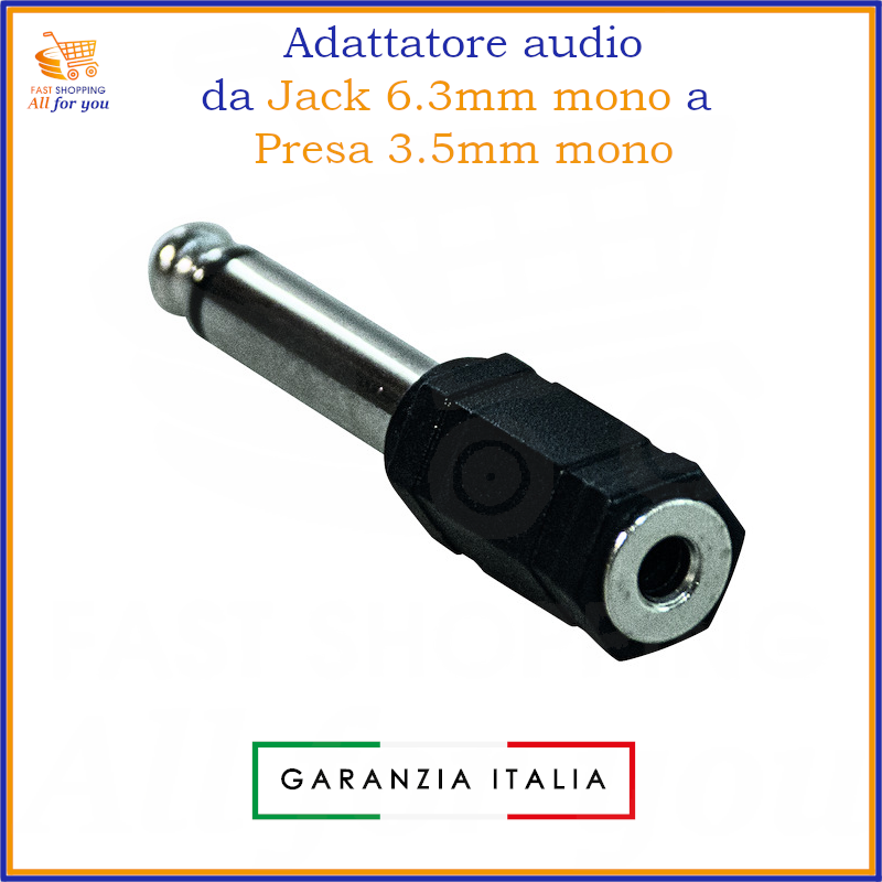 Adattatore audio con spina jack 6.3mm mono maschio e presa jack 3.5mm mono femmina.