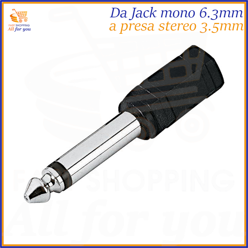 Adattatore audio con spina jack 6.3mm mono e presa jack 3.5mm stereo per strumenti e cuffie.