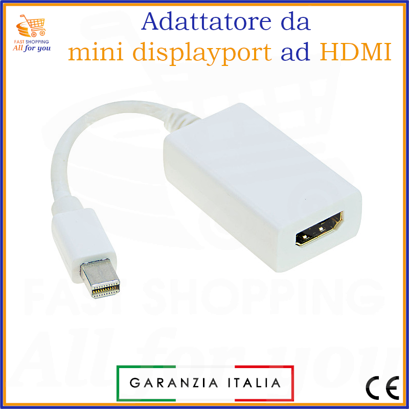 Adattatore Mini DisplayPort maschio a HDMI femmina di colore bianco, con illustrazioni di MacBook e monitor collegati.