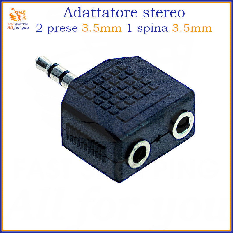 Adattatore sdoppiatore audio jack 3.5mm stereo con una spina maschio e due prese femmina.