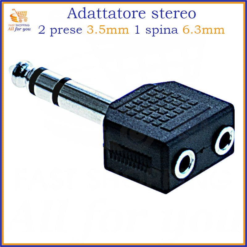Adattatore sdoppiatore audio con spina jack 6.3mm stereo maschio e due prese jack 3.5mm stereo femmina.