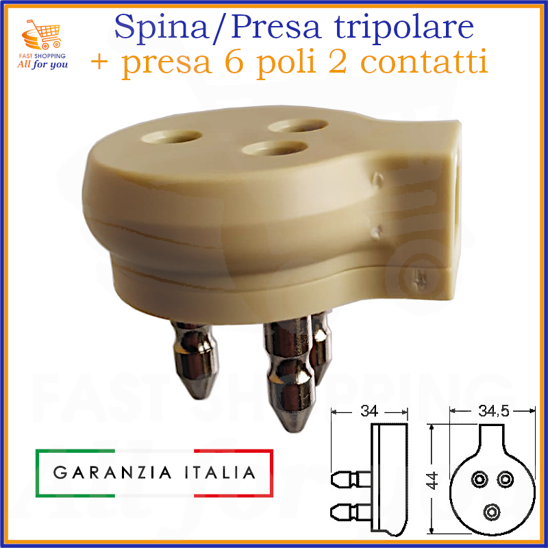 Adattatore telefonico triplo con spina tripolare e due prese RJ11 (6P2C), vista frontale con dimensioni.