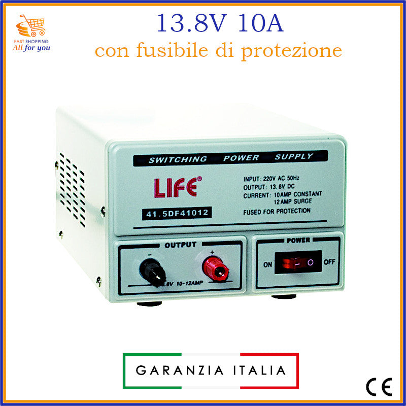 Alimentatore switching Life 13.8V 10A con fusibile di protezione, ideale per dispositivi elettronici e impianti a bassa tensione