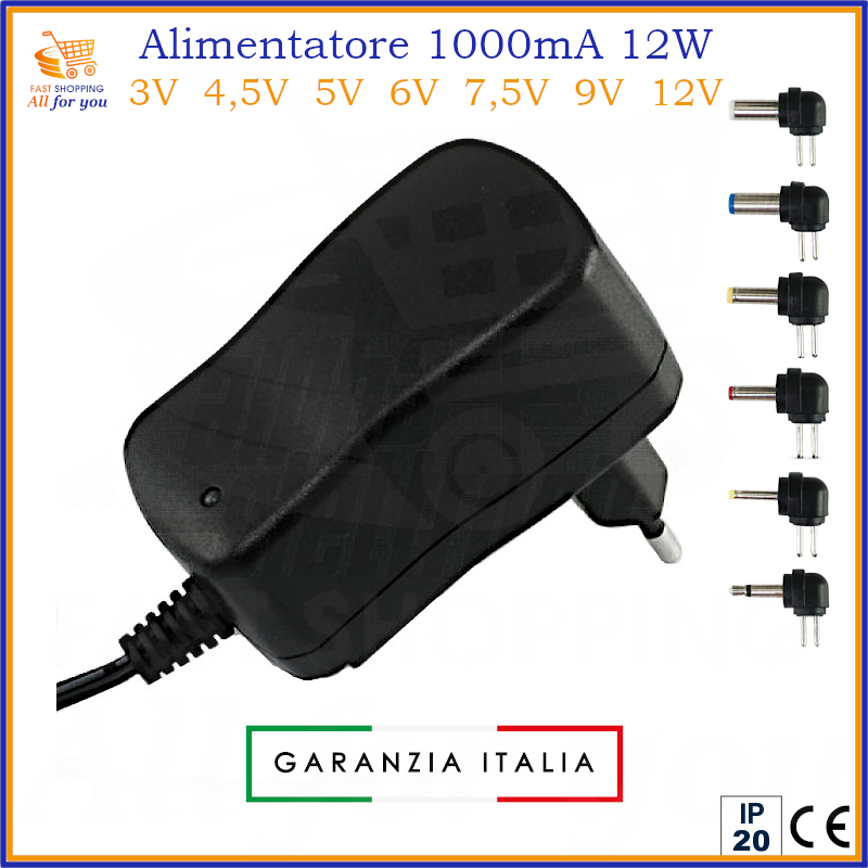 Alimentatore multitensione 1000mA 12W da 3V a 12V con connettori intercambiabili – Garanzia Italia