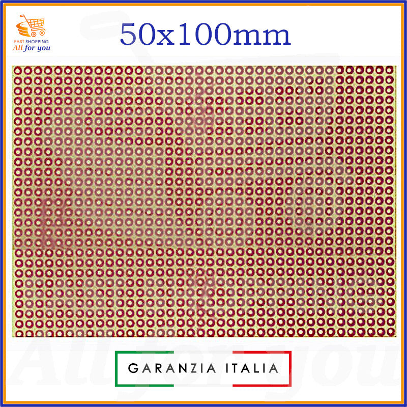 Basetta millefori sperimentale in vetronite ramata con dimensioni 50x100mm e fori con passo 2.54mm. La superficie è di colore rame/marrone con isole forate e presenta protezione antiossidante.