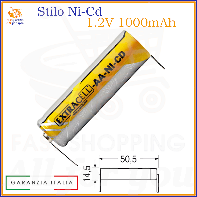 Batteria ricaricabile Ni-Cd formato stilo AA, 1.2V e 1000mAh, con terminali a saldare.