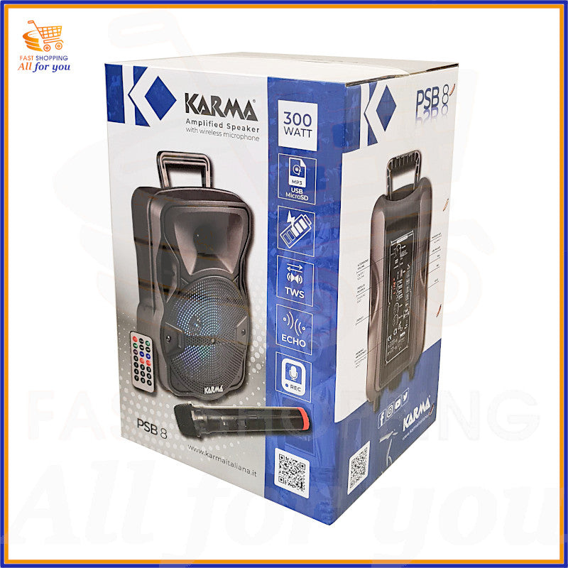 Confezione della cassa amplificata portatile Karma PSB 8 con microfono wireless e potenza 300W.
