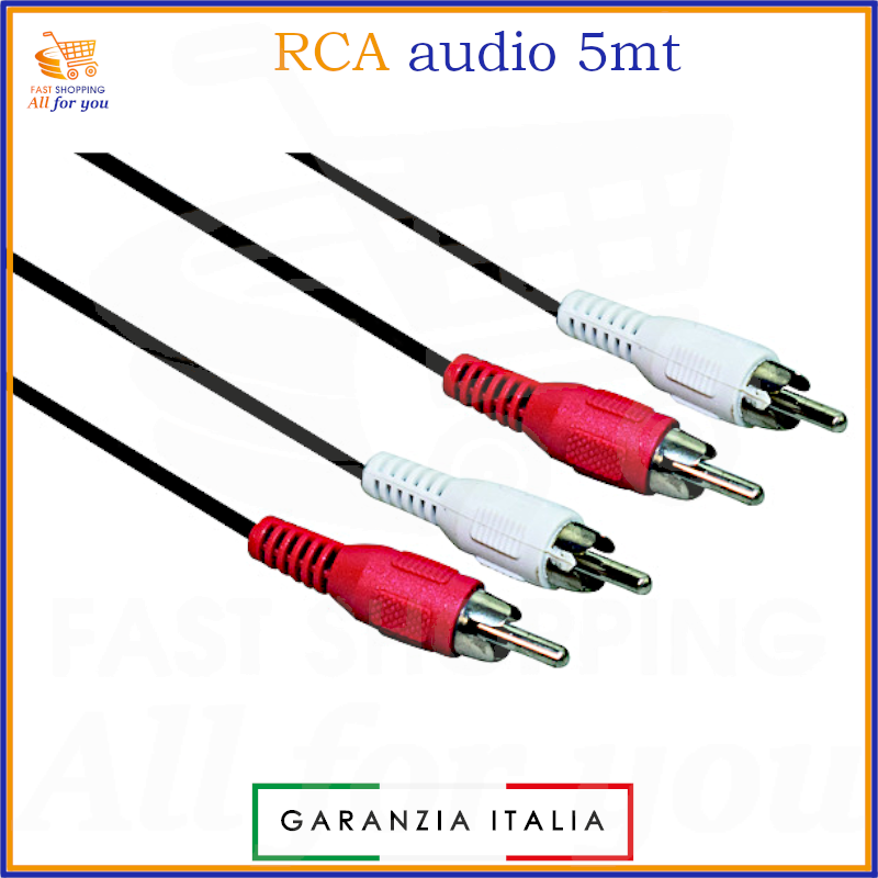 Cavo audio RCA stereo 2 spine maschio 5 metri schermato alta qualità colore nero