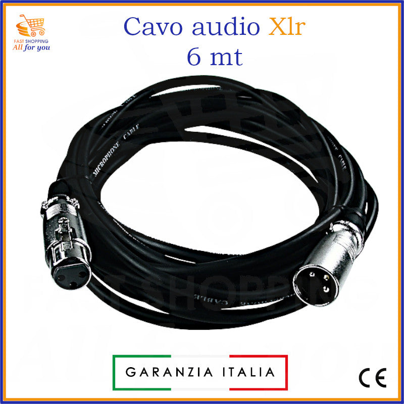Cavo audio XLR nero da 6 metri con connettori maschio e femmina 3 poli