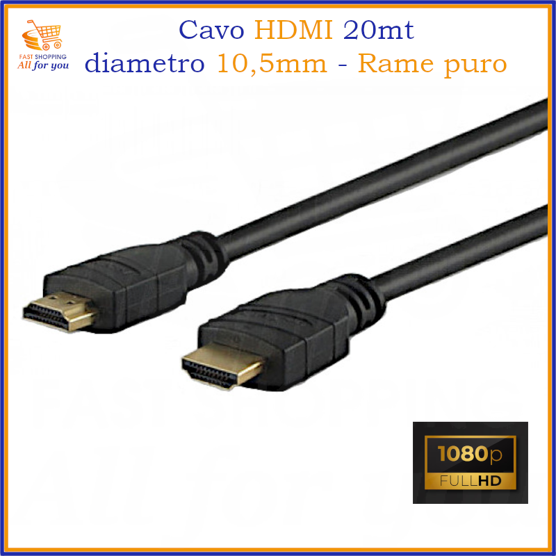 Cavo HDMI nero 20 metri con connettori dorati, diametro 10,5 mm, rame puro, Full HD 1080p