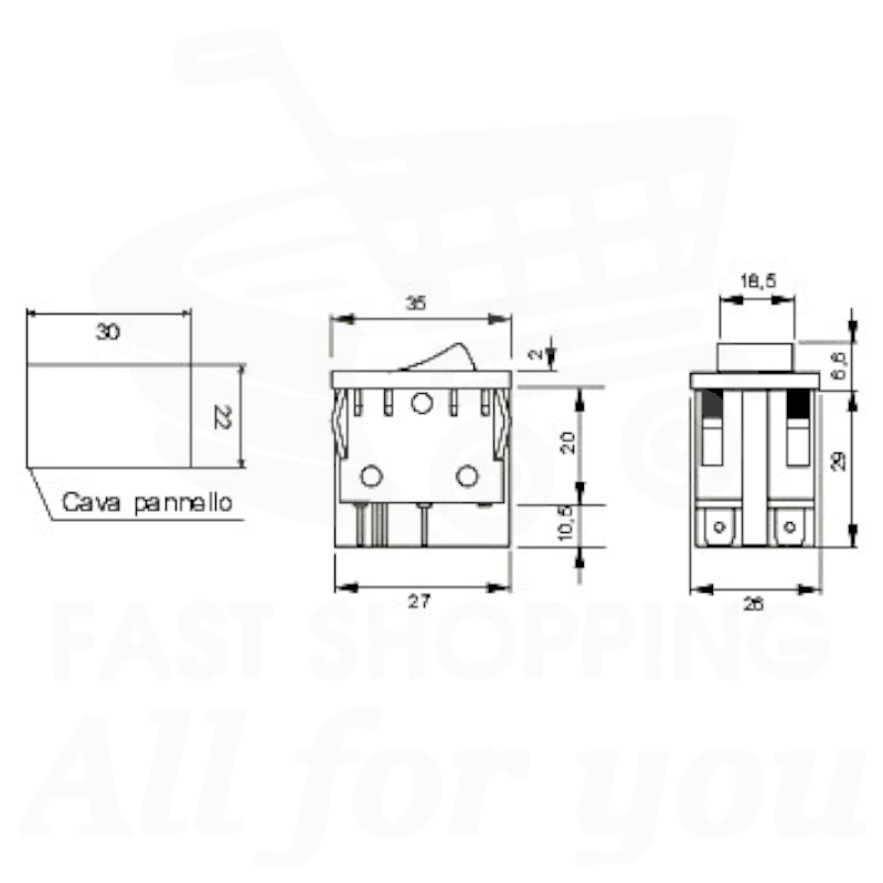 Schema tecnico e dimensioni in mm del commutatore a bilanciere bipolare a 3 posizioni (1-0-2) con attacco Faston 6.3mm.