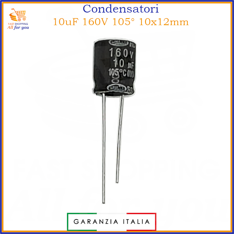 Condensatore elettrolitico 10uF 160V 105° radiale 10x12mm in alluminio polarizzato
