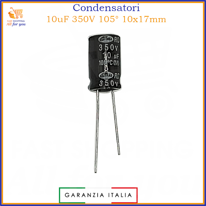 Condensatore elettrolitico 10uF 350V 105°C radiale 10x17mm in alluminio – 1 pezzo
