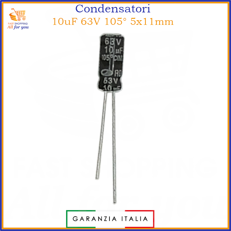 Condensatore elettrolitico 10uF 63V 105° 5x11mm radiale alluminio polarizzato