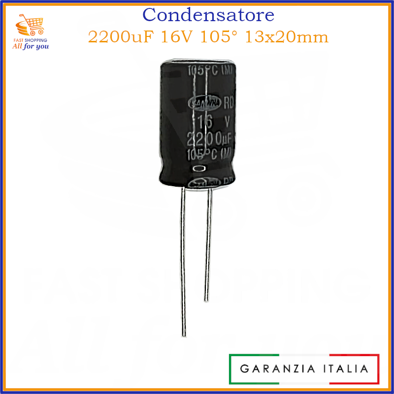 Condensatore elettrolitico radiale 2200uF 16V 105 gradi 13x20mm in alluminio polarizzato