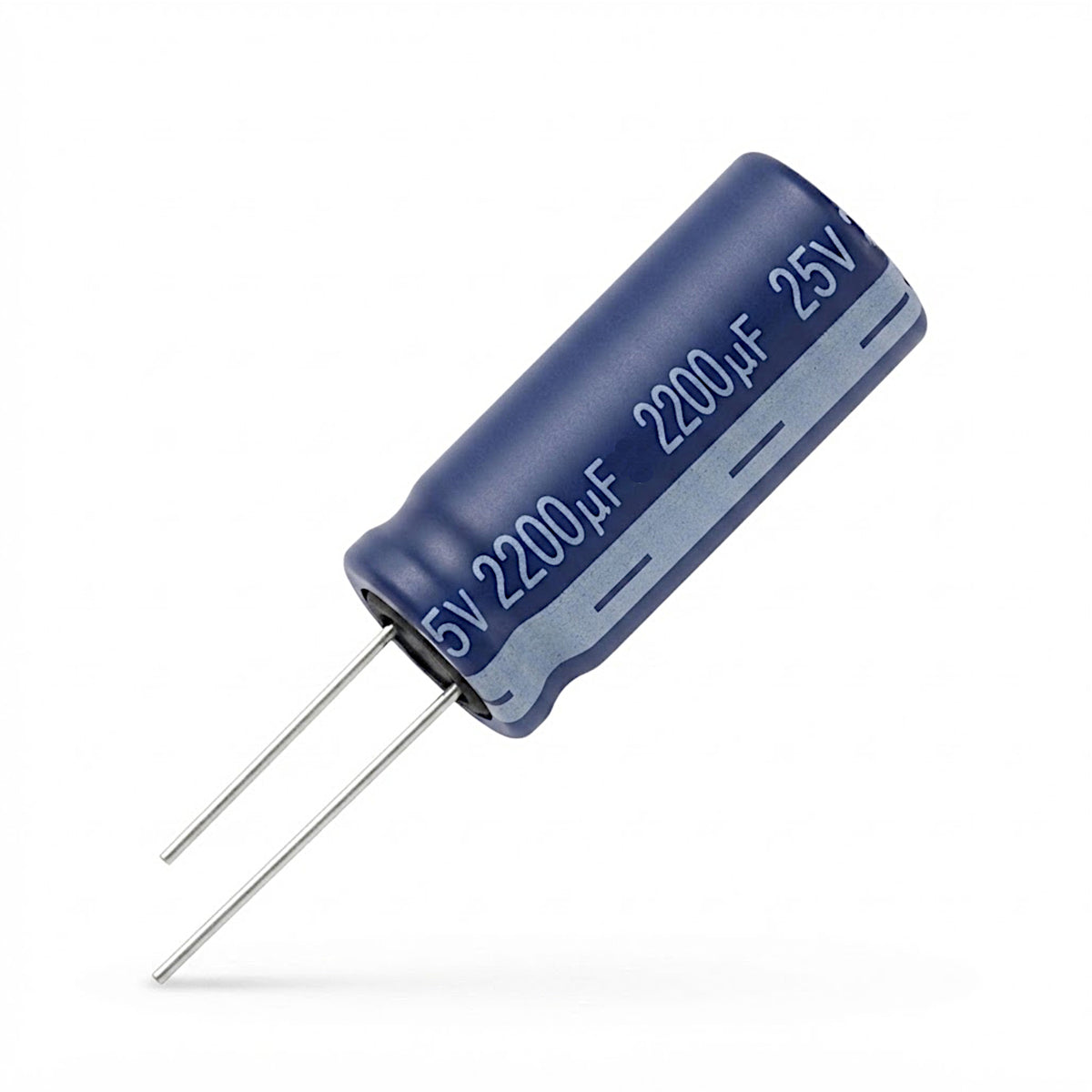 Condensatore elettrolitico radiale da 2200uF 25V con tolleranza termica fino a 105°C per circuiti elettronici