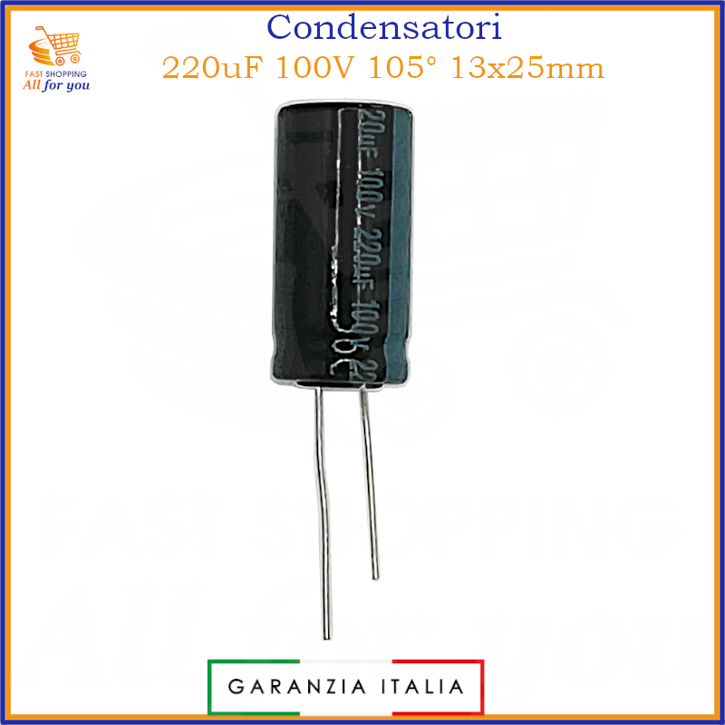 Condensatore elettrolitico radiale 220uF 100V 105 gradi 13x25mm in alluminio polarizzato