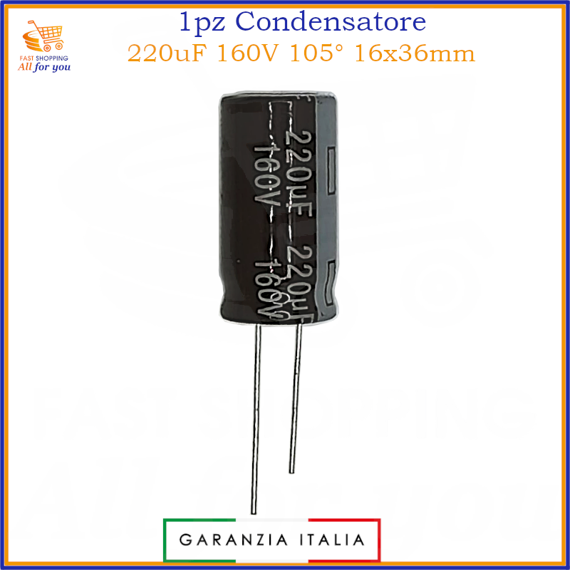 Condensatore elettrolitico radiale 220uF 160V 105 gradi 16x36mm in alluminio polarizzato