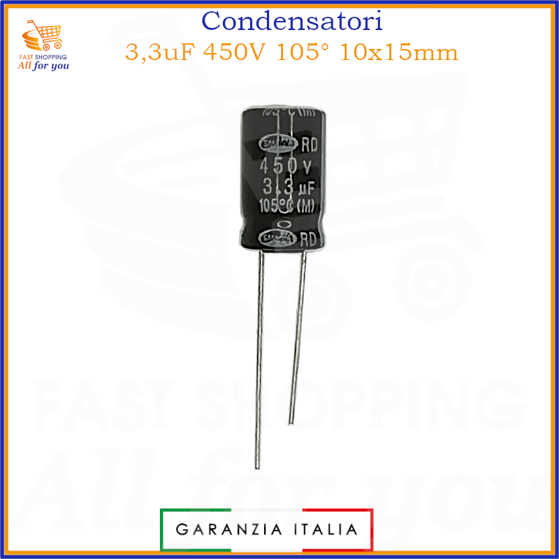 Condensatore elettrolitico radiale 3,3uF 450V 105 gradi 10x15mm in alluminio polarizzato
