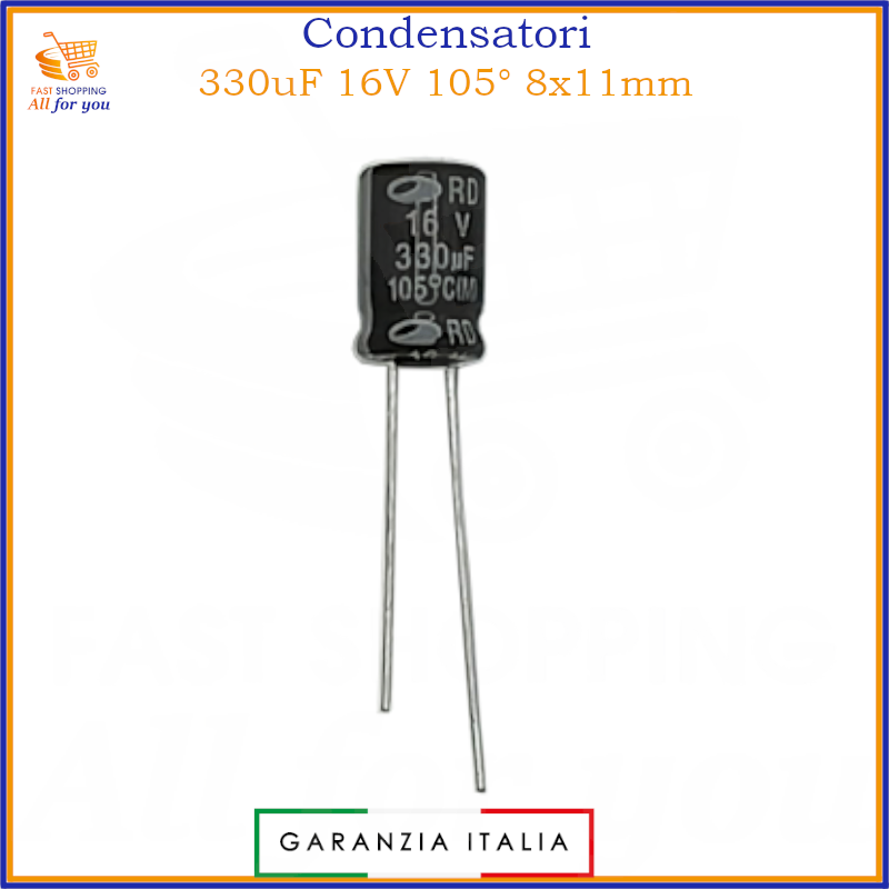 Condensatore elettrolitico radiale 330uF 16V 105 gradi 8x11mm in alluminio polarizzato