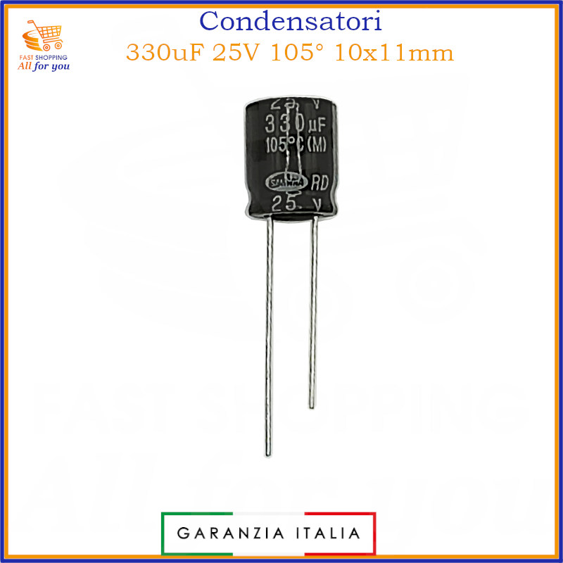 Condensatore elettrolitico radiale 330uF 25V 105 gradi 10x11mm in alluminio polarizzato