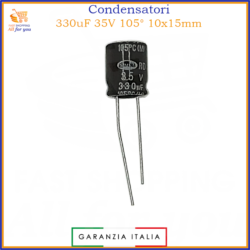 Condensatore elettrolitico radiale 330uF 35V 105 gradi 10x15mm in alluminio polarizzato