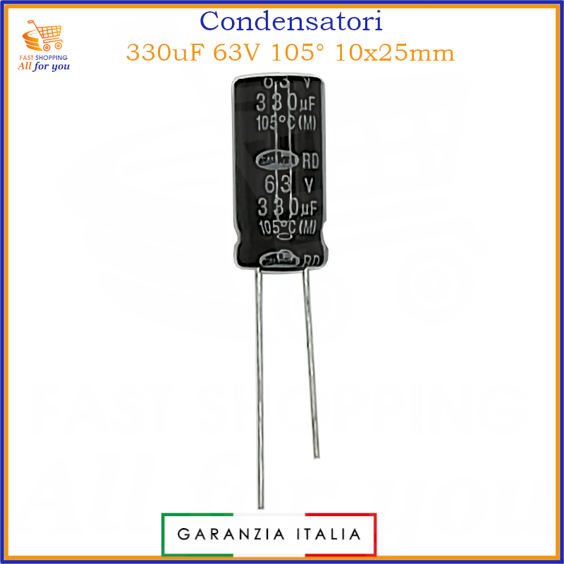 Condensatore elettrolitico radiale 330uF 63V 105 gradi 10x25mm in alluminio polarizzato