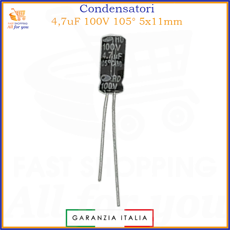 Condensatore elettrolitico radiale 4,7uF 100V 105 gradi 5x11mm in alluminio polarizzato