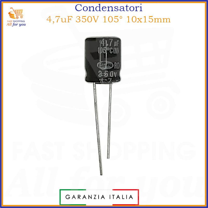 Condensatore elettrolitico radiale 4,7uF 350V 105 gradi 10x15mm in alluminio polarizzato