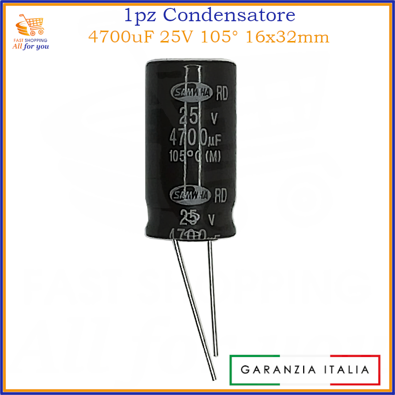 Condensatore elettrolitico radiale 4700uF 25V 105 gradi 16x32mm in alluminio polarizzato