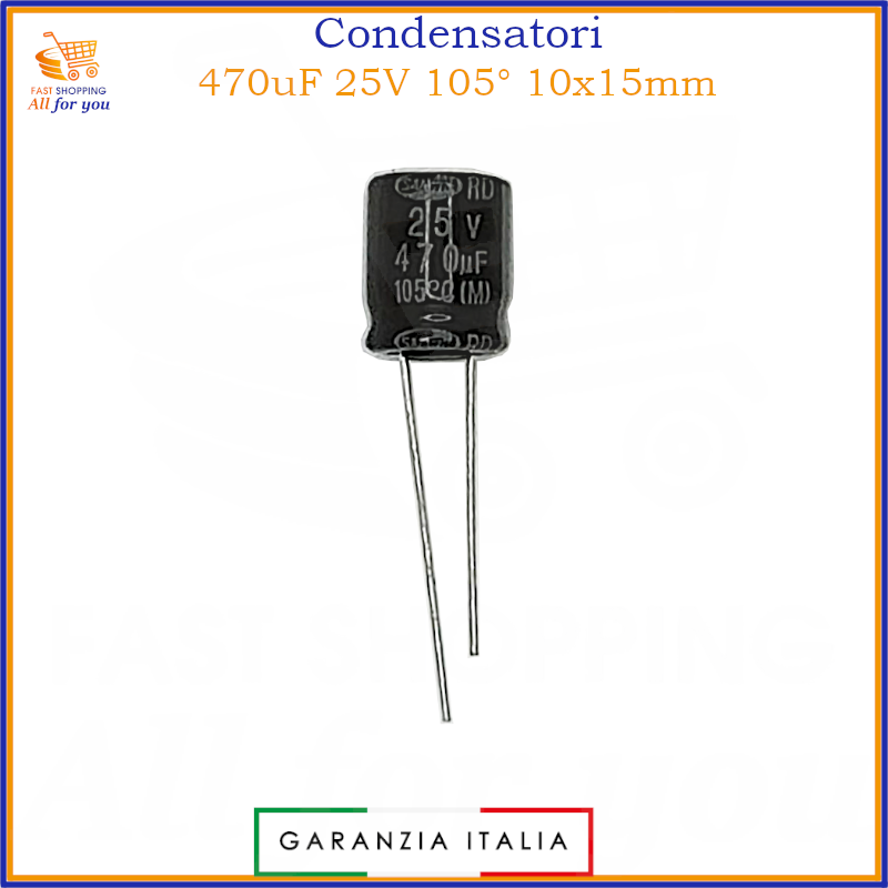Condensatore elettrolitico radiale 470uF 25V 105 gradi 10x15mm in alluminio polarizzato