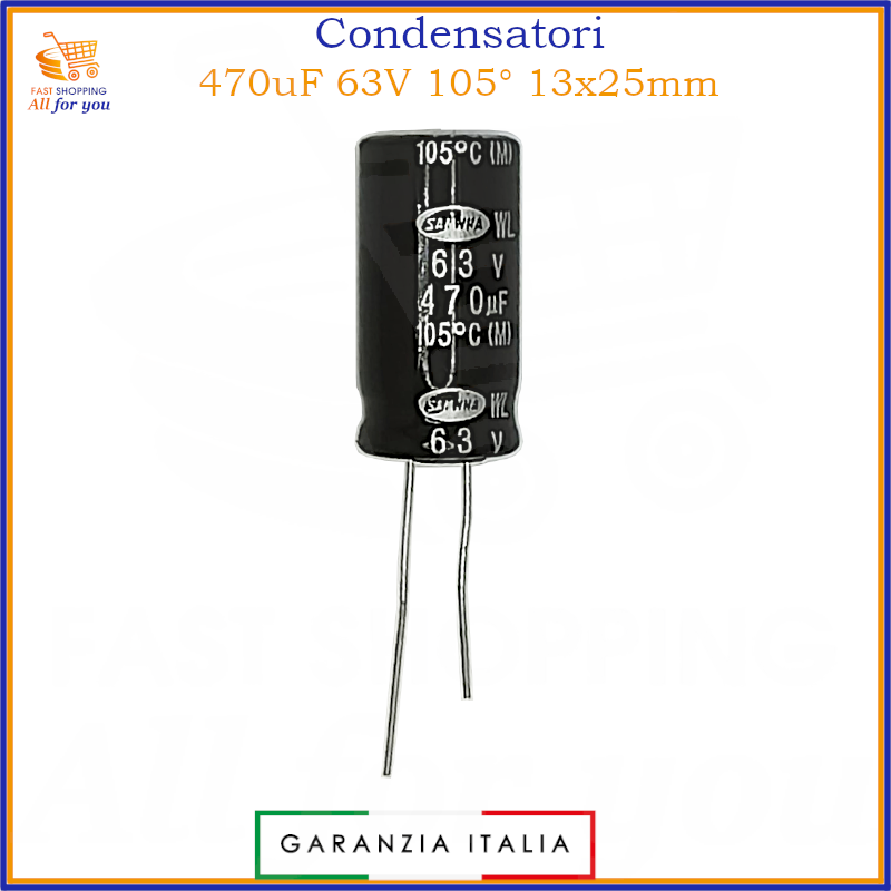 Condensatore elettrolitico radiale 470uF 63V 105 gradi 13x25mm in alluminio polarizzato