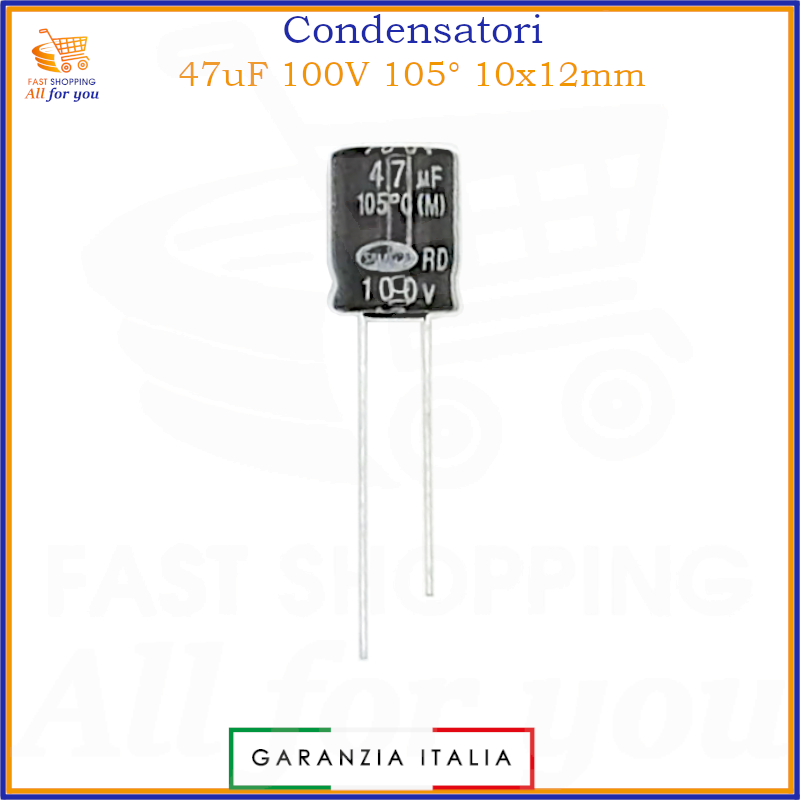 Condensatore elettrolitico radiale 47uF 100V 105 gradi 10x12mm in alluminio polarizzato