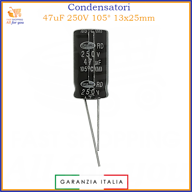 Condensatore elettrolitico radiale 47uF 250V 105 gradi 13x25mm in alluminio polarizzato