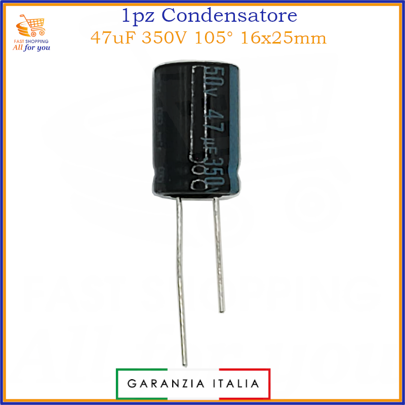 Condensatore elettrolitico radiale 47uF 350V 105 gradi 16x25mm in alluminio polarizzato