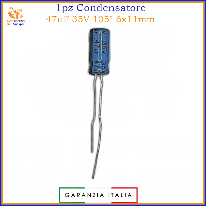 Condensatore elettrolitico 47uF 35V 105 gradi 6x11mm radiale in alluminio