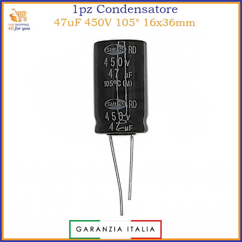 Condensatore elettrolitico radiale 47uF 450V 105 gradi 16x36mm in alluminio polarizzato