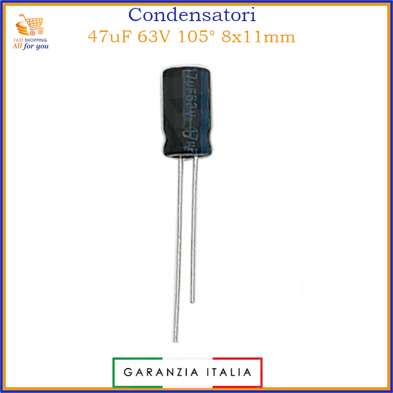 Condensatore elettrolitico radiale 47uF 63V 105 gradi 8x11mm in alluminio polarizzato