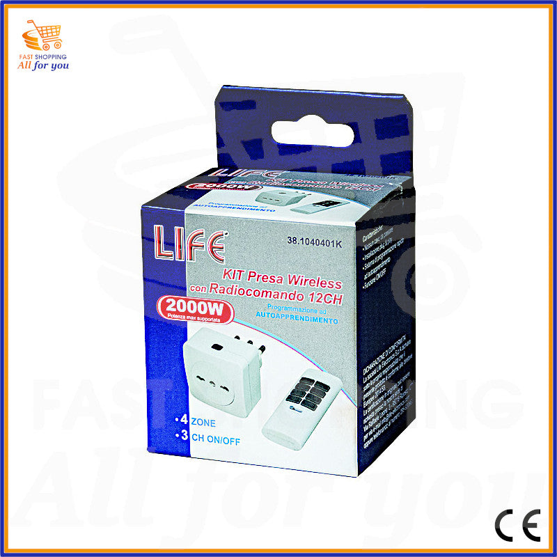 Confezione del KIT Presa Wireless LIFE con Radiocomando 12CH, potenza massima 2000W e programmazione ad autoapprendimento. Mostra il prodotto all'interno.
