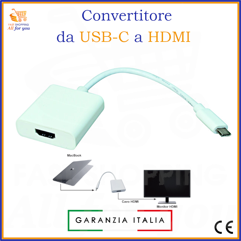 Convertitore da USB Tipo C a HDMI di All For You, ideale per collegare MacBook o altri PC/smartphone a un monitor o TV, supporta 4K a 30Hz.