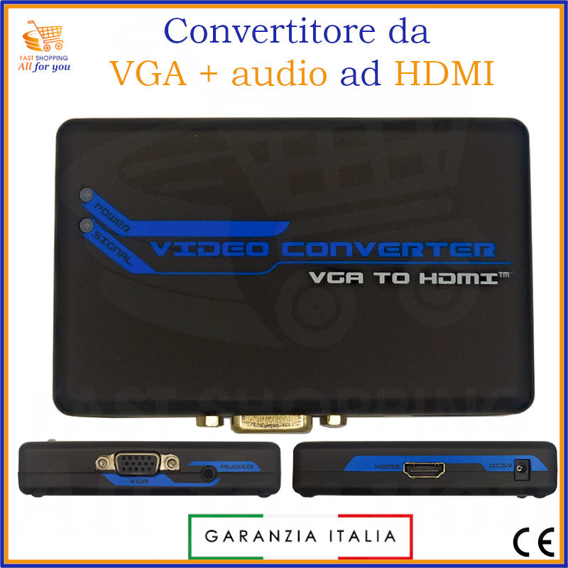 Convertitore da VGA a HDMI con ingresso audio da 3.5mm, include alimentatore 5V DC. Mostra le porte VGA, Audio e HDMI.