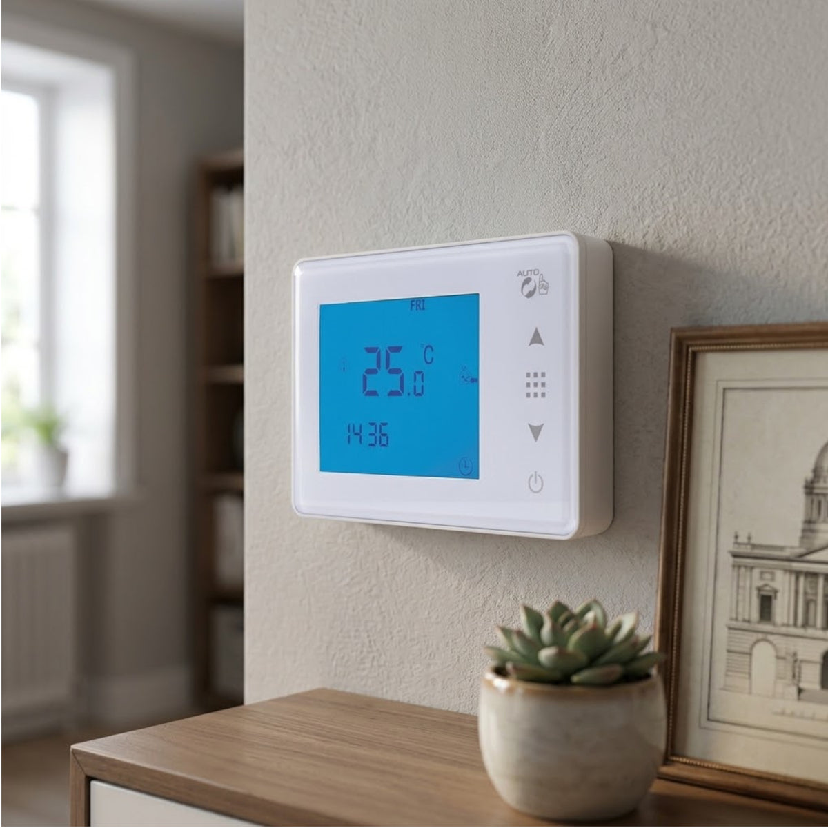 Cronotermostato digitale touch screen installato a parete in un soggiorno moderno