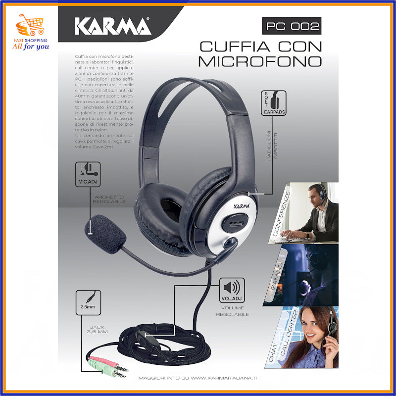 Dettaglio delle cuffie Karma PC 002, con un'illustrazione delle caratteristiche principali come l'archetto regolabile e i possibili usi in conferenza, gaming e chat.