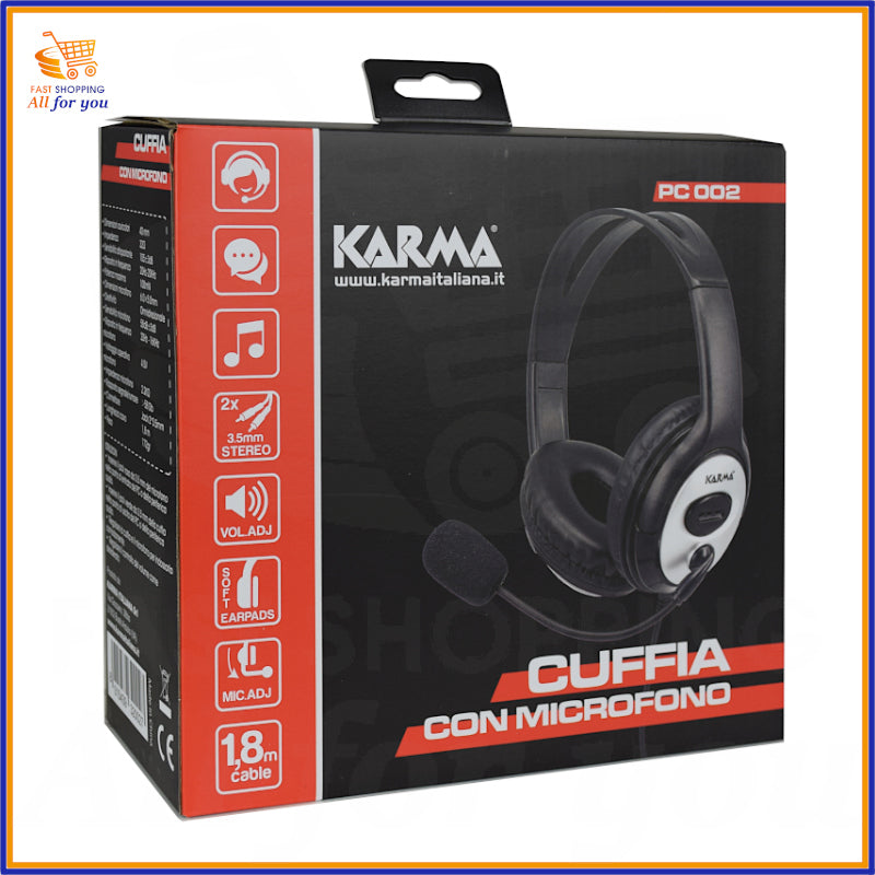 Confezione delle cuffie con microfono Karma PC 002. Evidenziati i dettagli tecnici come il cavo da 1.8m, jack da 3.5mm e microfono regolabile.
