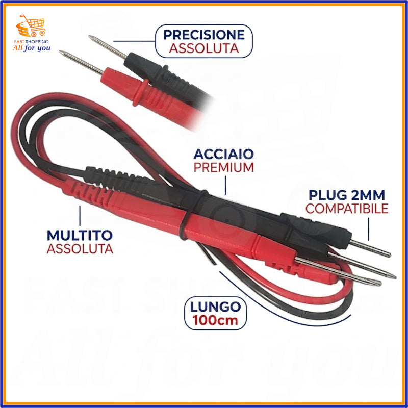 Dettaglio punte in acciaio e specifiche tecniche puntali per tester professionale.