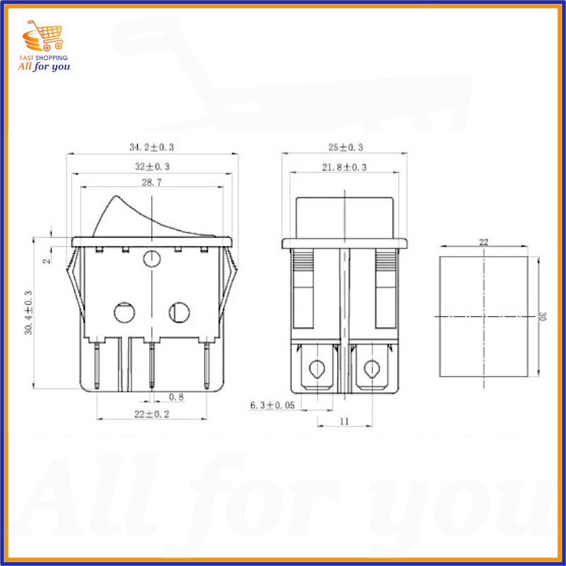 Schema tecnico e dimensioni in mm del deviatore a bilanciere ON-ON bipolare con attacco Faston 6.3mm.